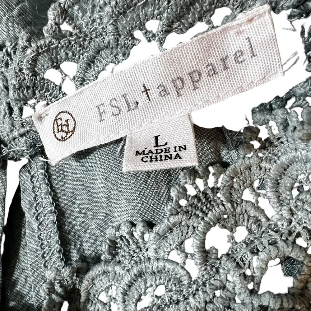 FSL Apparel Green Crochet Lace Yoke Sleeveless Tunic Blouse Top Button Closure - Picture 7 of 12